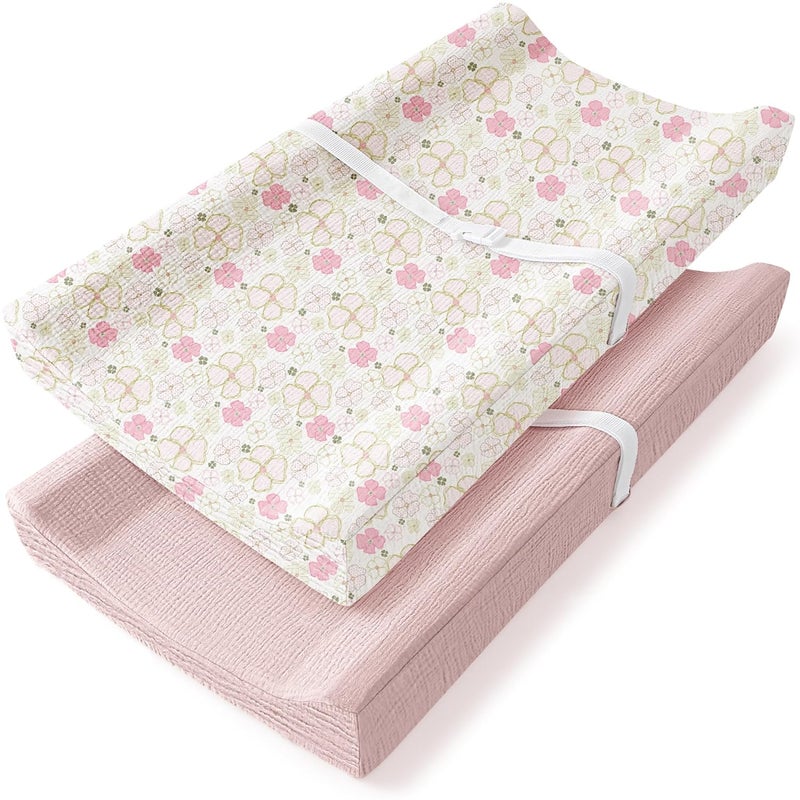 Bearmoss Changing Pad Cover, 2 Pack Muslin [100% Cotton] Diaper Changing Table Covers, 32'' x 16'' Soft Breathable Changing Pad Sheets for Unisex Baby Girls and Boys with Strap Holes (Pinkfloral) - Image 1